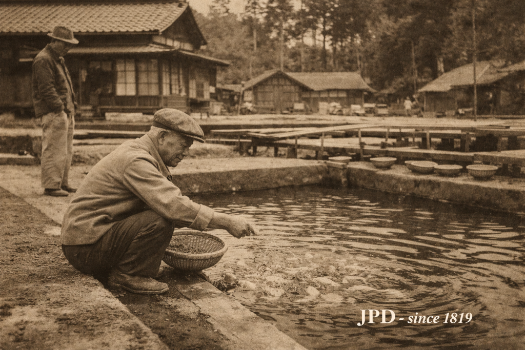 Sepiafarbenes Motiv einer japanischen Koizucht mit dem Schriftzug JPD since 1819